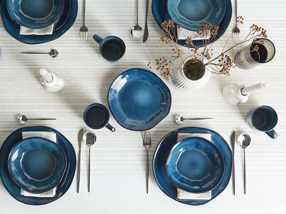 Set di 16 stoviglie in gres caolino fatto a mano con smalto reattivo Finitura blu Cucina Sala da pranzo