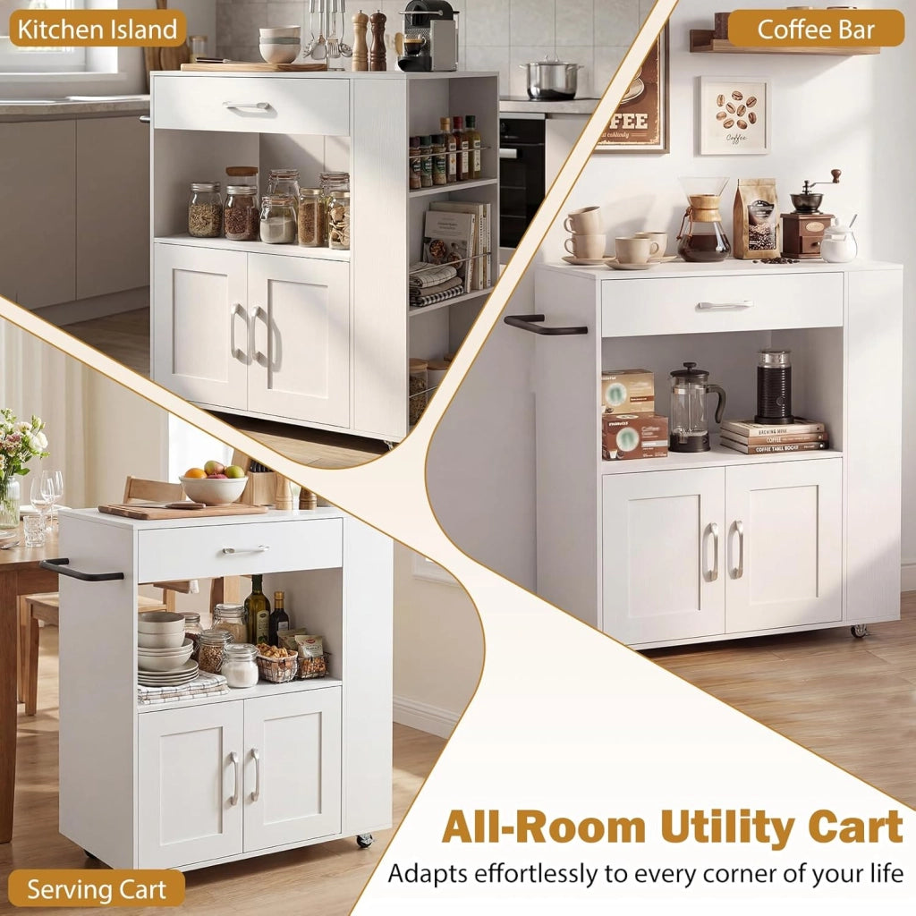 Credenza da Cucina su Ruote, Isola Mobile, Carrello da Servizio con Cassetto e 3 Ripiani, 2 Colori, 75x46x89 cm (Bianco Pieno)