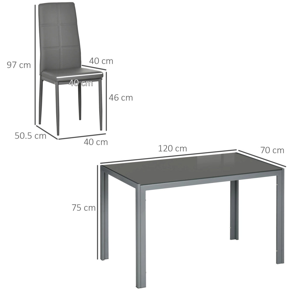 Set da Pranzo 5 Pezzi con 1 Tavolo da Pranzo e 4 Sedie Moderne in Similpelle, Metallo e Vetro Temperato, Grigio