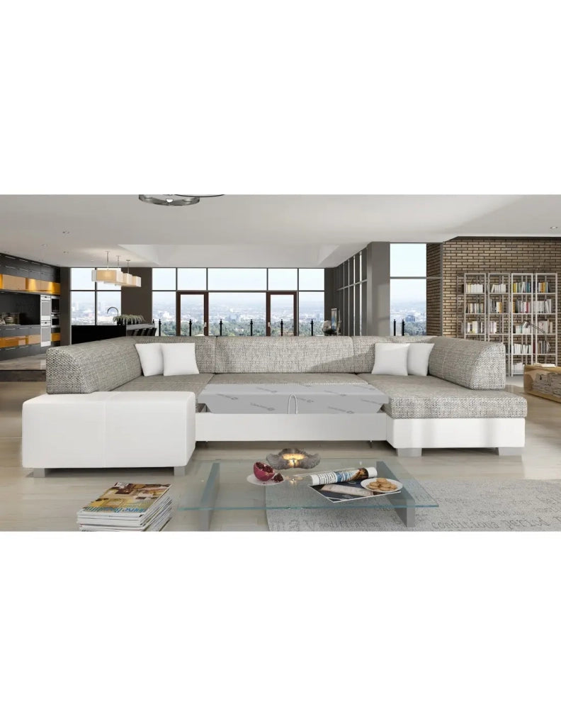 Divano panoramico a U Grigio & Bianco convertibile 6 posti HAVANA con letto 125x280cm