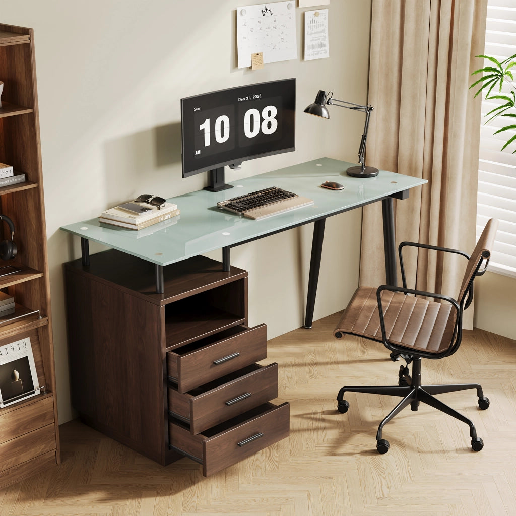 Scrivania moderna 130x50x75 cm con piano in vetro temperato, 3 cassetti e vano aperto, marrone