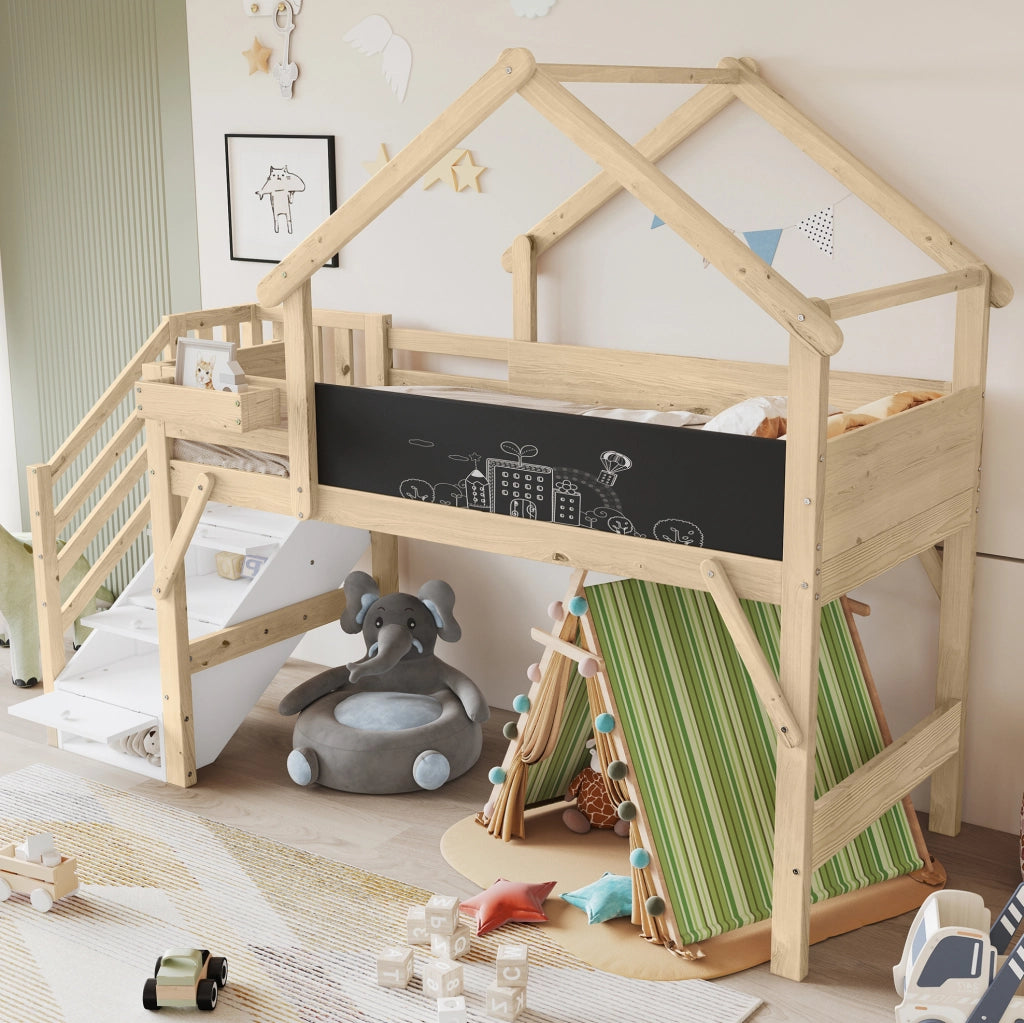 Letto a castello 90x200 cm con scala contenitore e lavagna; legno bianco e naturale