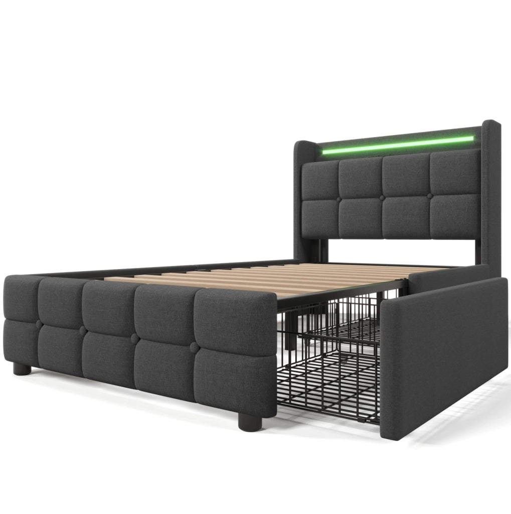 Letto singolo imbottito 90x200 cm con materasso; LED; USB; prese e 2 cassetti; grigio