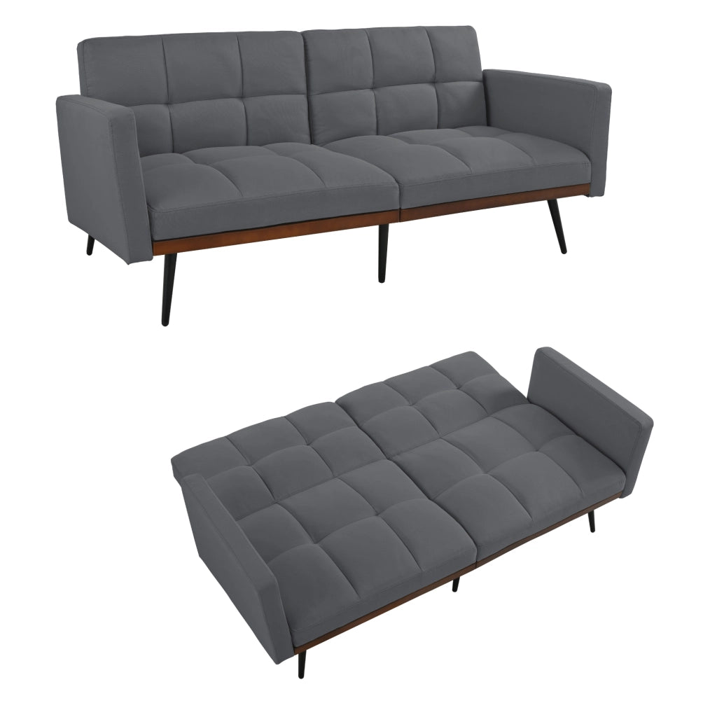 Divano Futon 3 Posti ¨C MINIMAL ¨C Grigio, Tessuto Lino, Schienale Regolabile, Gambe in Metallo, 146 cm