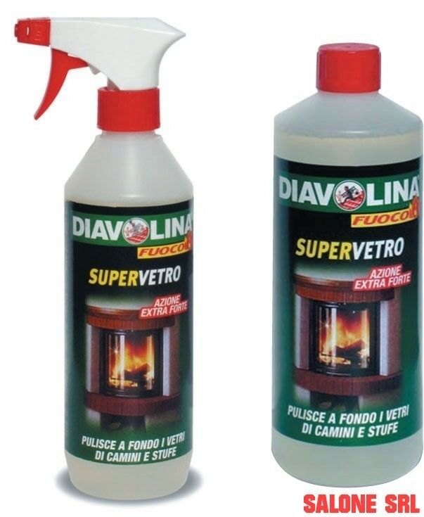 6 PZ.PULIVETRO DIAVOLINA SUPERVETRO PER PULIZIA VETRI STUFE E CAMINI DA 500 ML.
