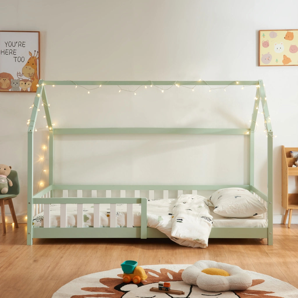 Letto Singolo Hesel per Cameretta Forma di Casetta con Materasso 90 x 200 cm Menta Verde [en.casa]