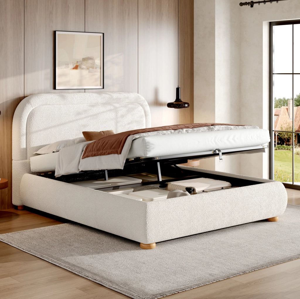 Letto matrimoniale 160x200 cm con contenitore idraulico; testiera imbottita in bouclé bianco