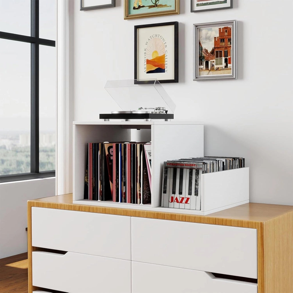 Supporto per giradischi, 66 x 45 x 67 cm, tavolino con stazione di ricarica integrata, mensola in vinile con gambe in metallo, armadio per camera da letto, soggiorno (bianco)