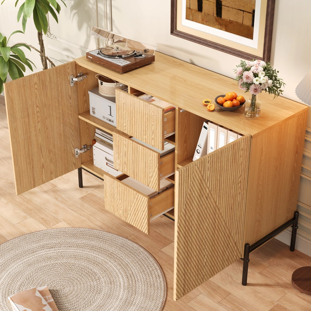 OKWISH Credenza con 2 Ante e 1 Cassetto, Frontali Geometrici, Gambe in Metallo, MDF, Naturale, 115,5 x 40 x 76 cm