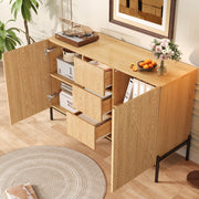 OKWISH Credenza con 2 Ante e 1 Cassetto, Frontali Geometrici, Gambe in Metallo, MDF, Naturale, 115,5 x 40 x 76 cm