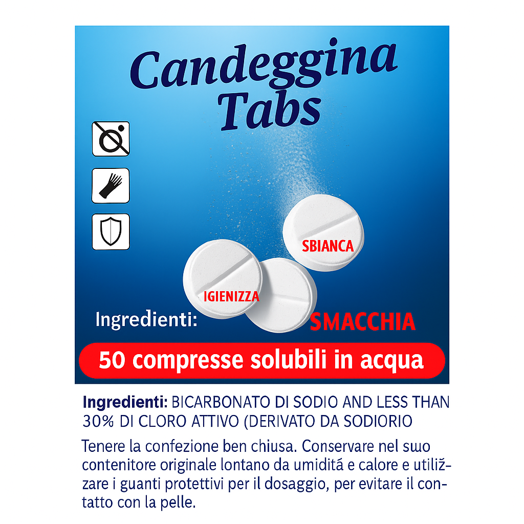 Candeggina in Pastiglie – 50 Tabs = 250L – Sbiancante Igienizzante – Lemag SRL