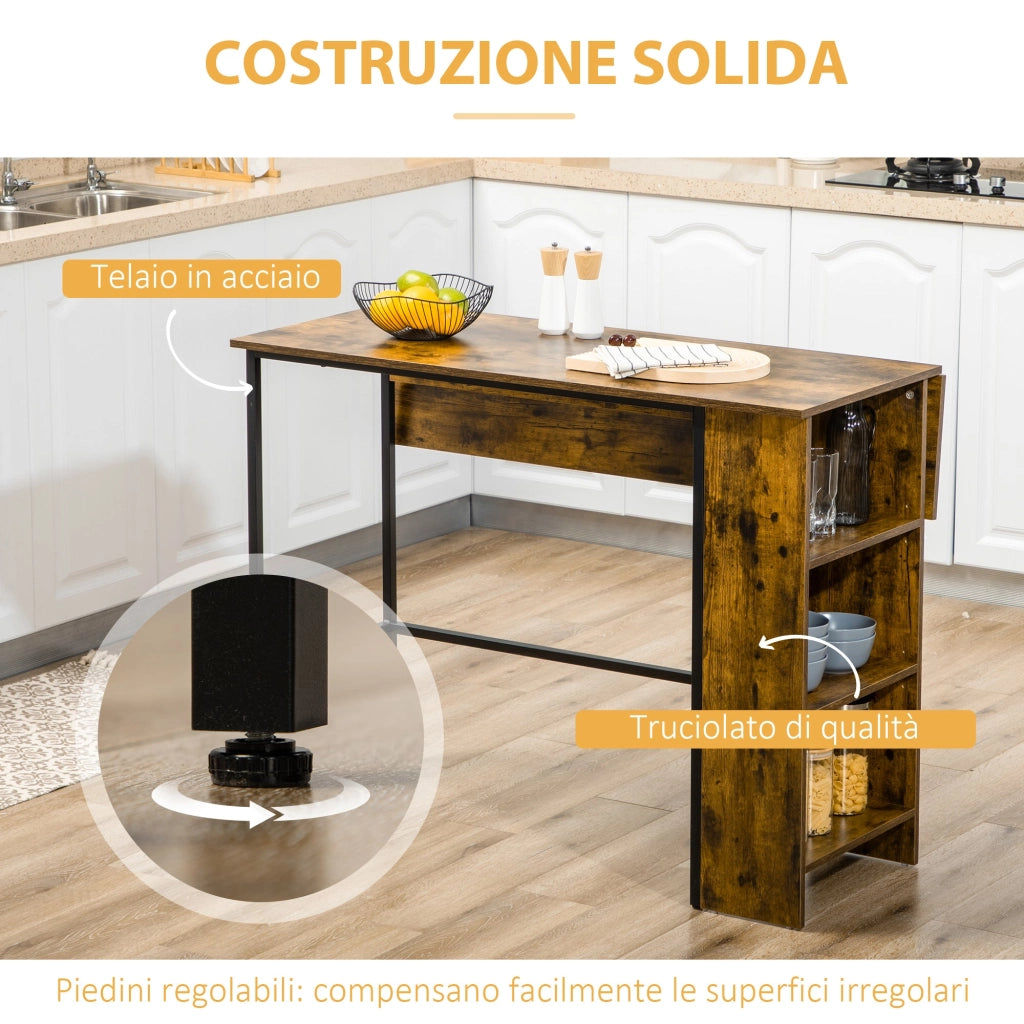 Bancone Bar Pieghevole con Scaffale a 3 Ripiani 120x76x91,4 cm Stile Industriale Marrone e Nero