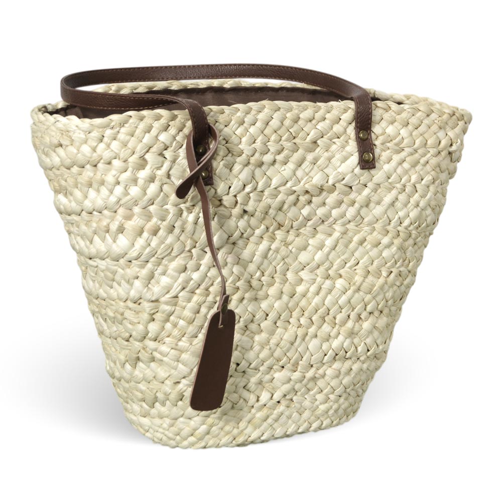 Borsa mare Erba Sun in paglia naturale intrecciata con manici in cuoio marrone