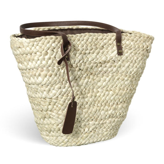 Borsa mare Erba Sun in paglia naturale intrecciata con manici in cuoio marrone