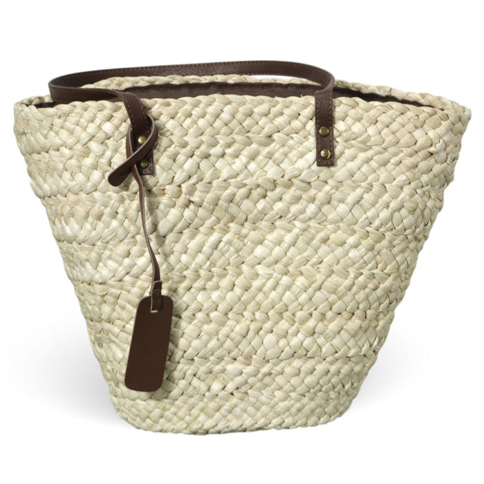 Borsa mare Erba Sun in paglia naturale intrecciata con manici in cuoio marrone