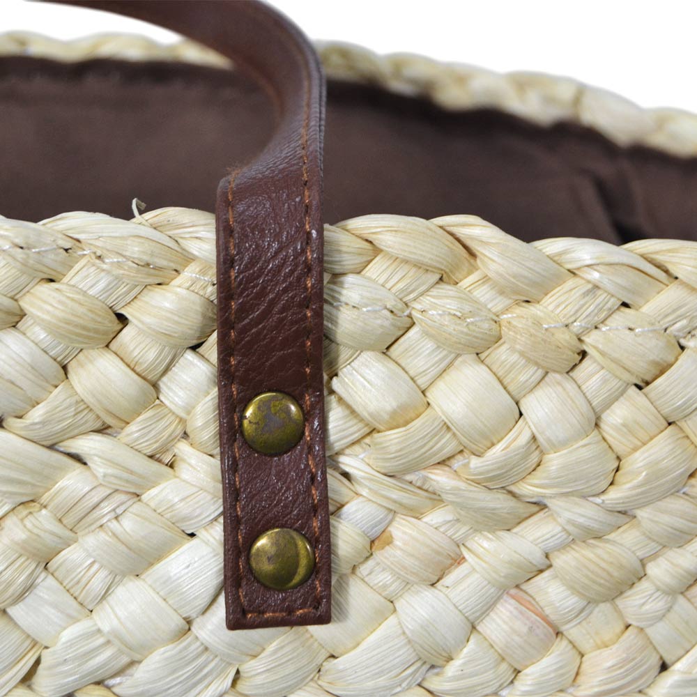 Borsa mare Erba Sun in paglia naturale intrecciata con manici in cuoio marrone
