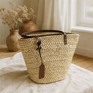 Borsa mare Erba Sun in paglia naturale intrecciata con manici in cuoio marrone