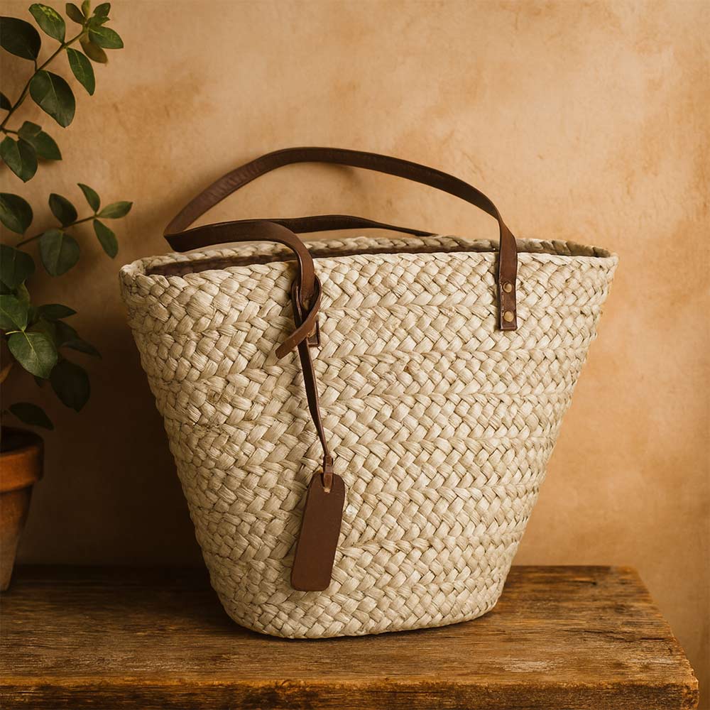 Borsa mare Erba Sun in paglia naturale intrecciata con manici in cuoio marrone