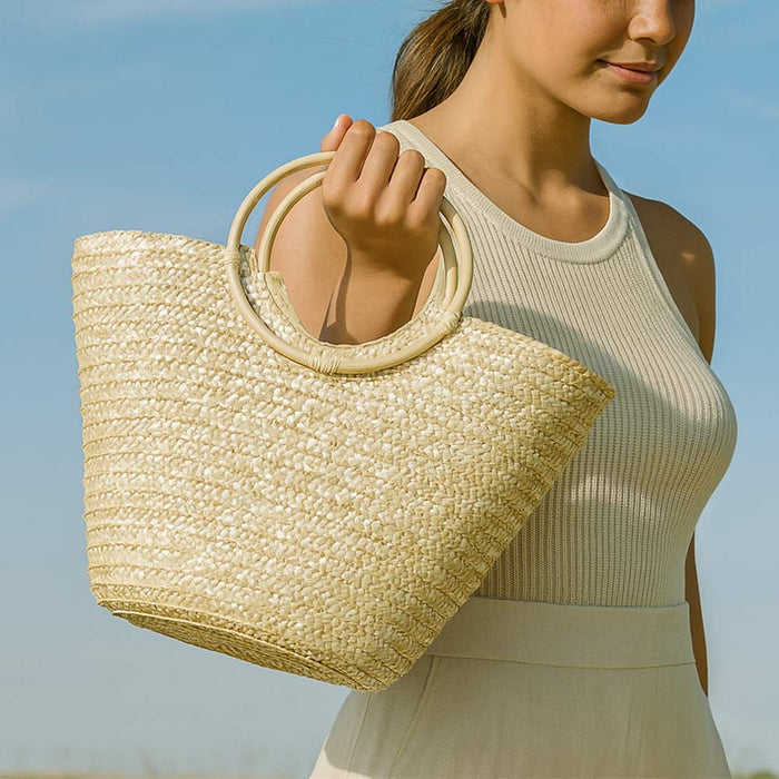 Borsa mare donna Paviera naturale in paglia intrecciata con manici tondi rattan