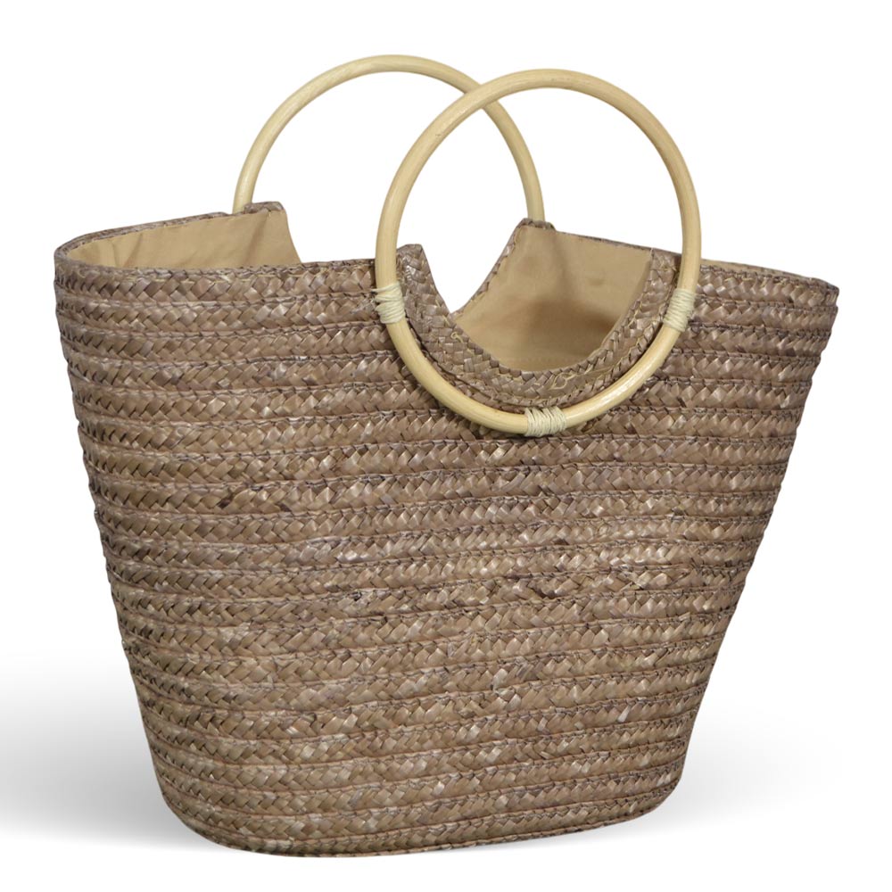 Borsa mare donna Paviera noce in paglia intrecciata con manici tondi in rattan
