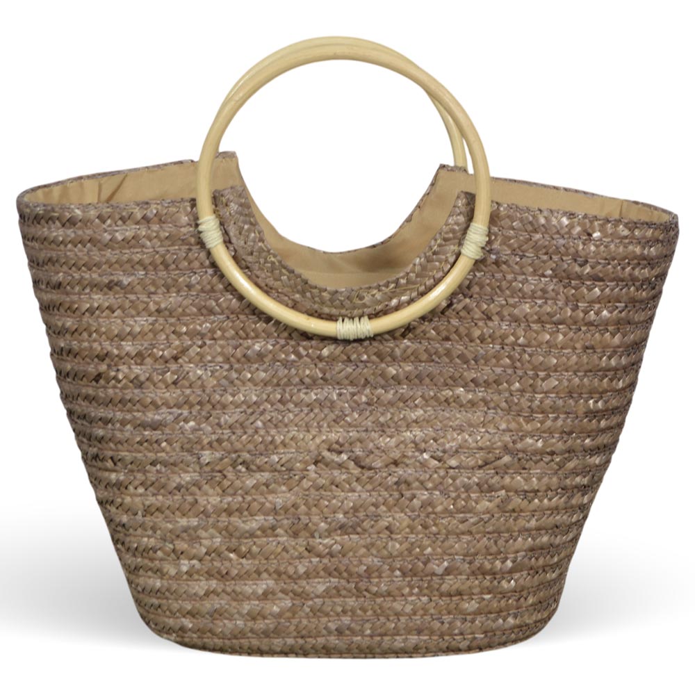 Borsa mare donna Paviera noce in paglia intrecciata con manici tondi in rattan