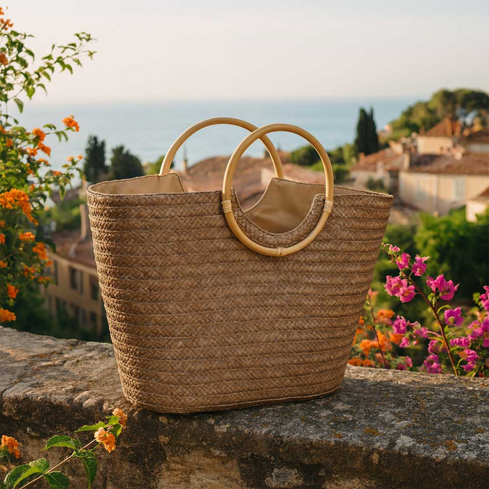 Borsa mare donna Paviera noce in paglia intrecciata con manici tondi in rattan