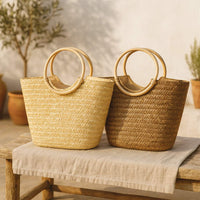 Borsa mare donna Paviera noce in paglia intrecciata con manici tondi in rattan