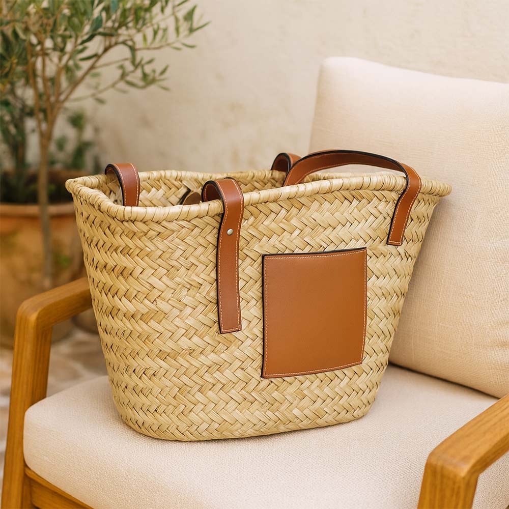 Borsa mare Erba Spring paglia intrecciata con manici in cuoio 29x14x28 cm grande