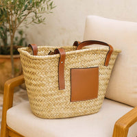 Borsa mare Erba Spring paglia intrecciata con manici in cuoio 29x14x28 cm grande