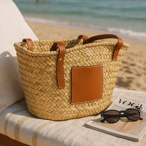 Borsa mare Erba Spring paglia intrecciata con manici in cuoio 25x14x23 cm media