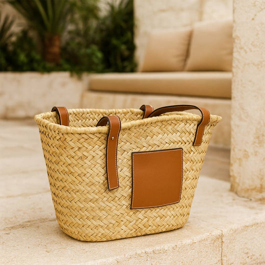 Borsa mare Erba Spring paglia intrecciata con manici in cuoio 20x14x21cm piccola