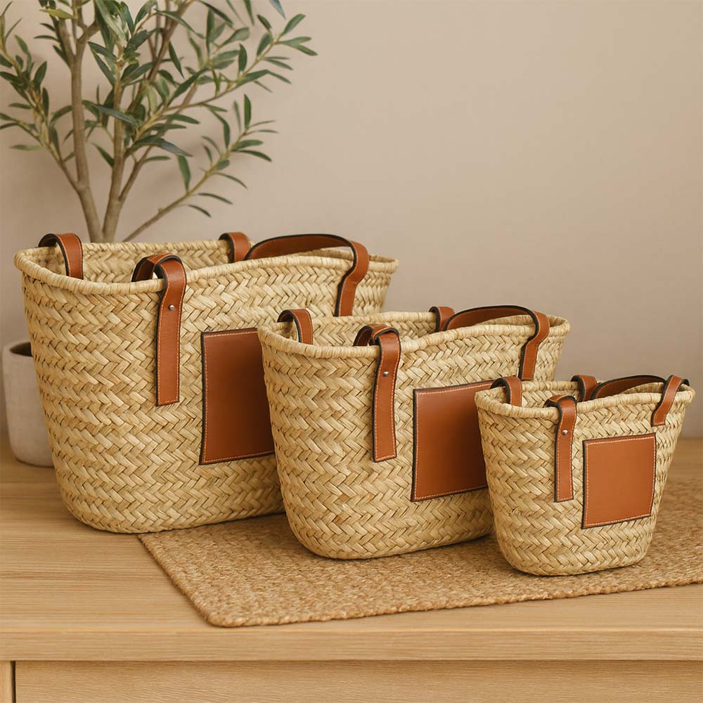 Borsa mare Erba Spring paglia intrecciata con manici in cuoio 25x14x23 cm media