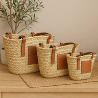 Borsa mare Erba Spring paglia intrecciata con manici in cuoio 25x14x23 cm media