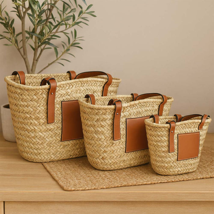 Borsa mare Erba Spring paglia intrecciata con manici in cuoio 25x14x23 cm media