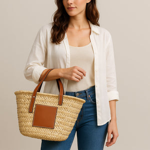 Borsa mare Erba Spring paglia intrecciata con manici in cuoio 25x14x23 cm media