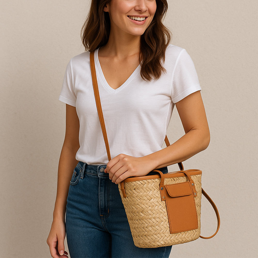 Borsa donna estiva Erba Summer paglia intrecciata con tracolla in cuoio marrone