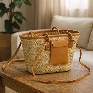 Borsa donna estiva Erba Summer paglia intrecciata con tracolla in cuoio marrone