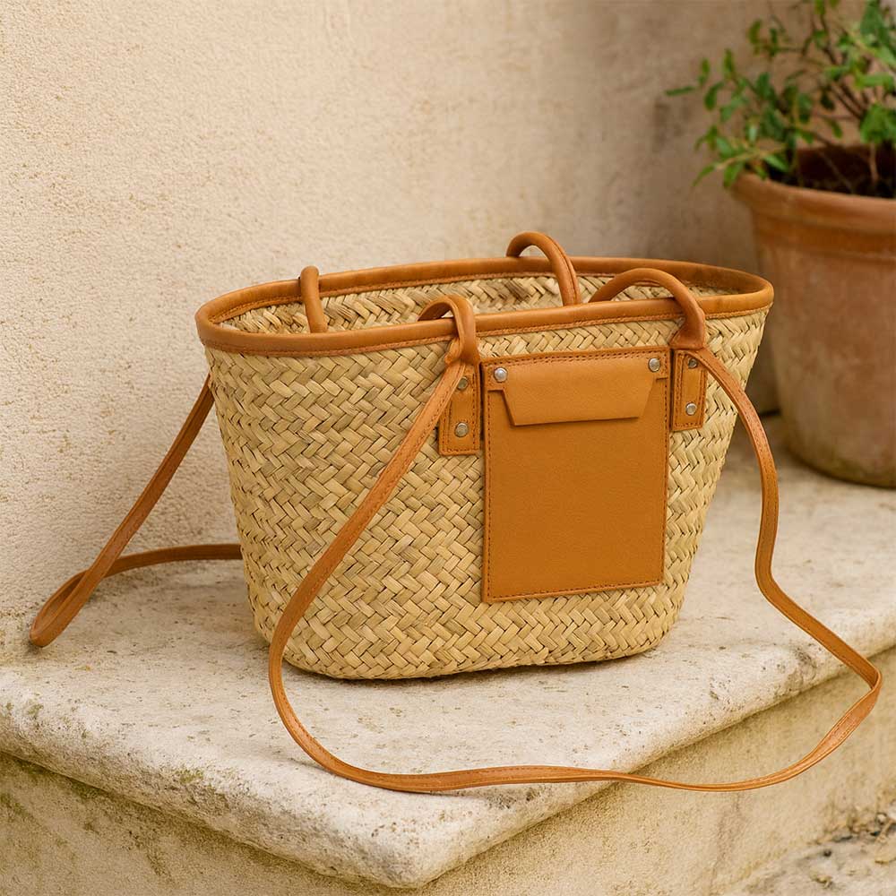 Borsa donna estiva Erba Summer paglia intrecciata con tracolla in cuoio marrone