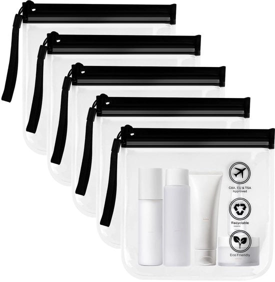 Pacco di 5 sacchetti a rete Volo, 20x20cm Bagaglio a mano autorizzato dall'aeroporto Transparante, Contenitore per liquidi, Borsa per toilette Transparante, Borsa cosmetici da viaggio Transparante, Borsa impermeabile con maniglia e chiusura ermetica