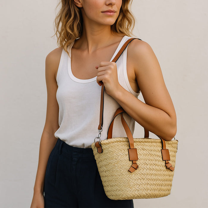 Borsa mare donna Erba in paglia intrecciata con tracolla manici in cuoio marrone