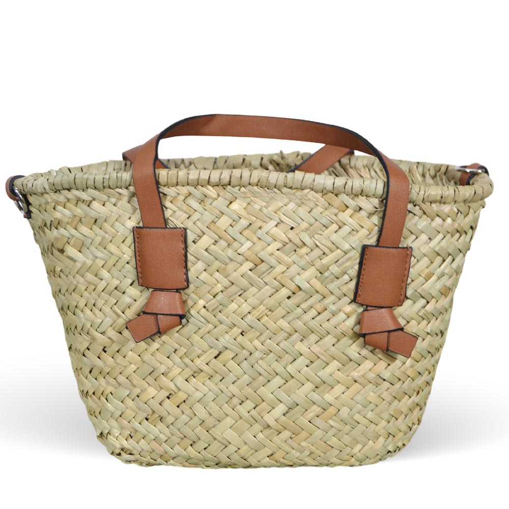 Borsa mare donna Erba in paglia intrecciata con tracolla manici in cuoio marrone