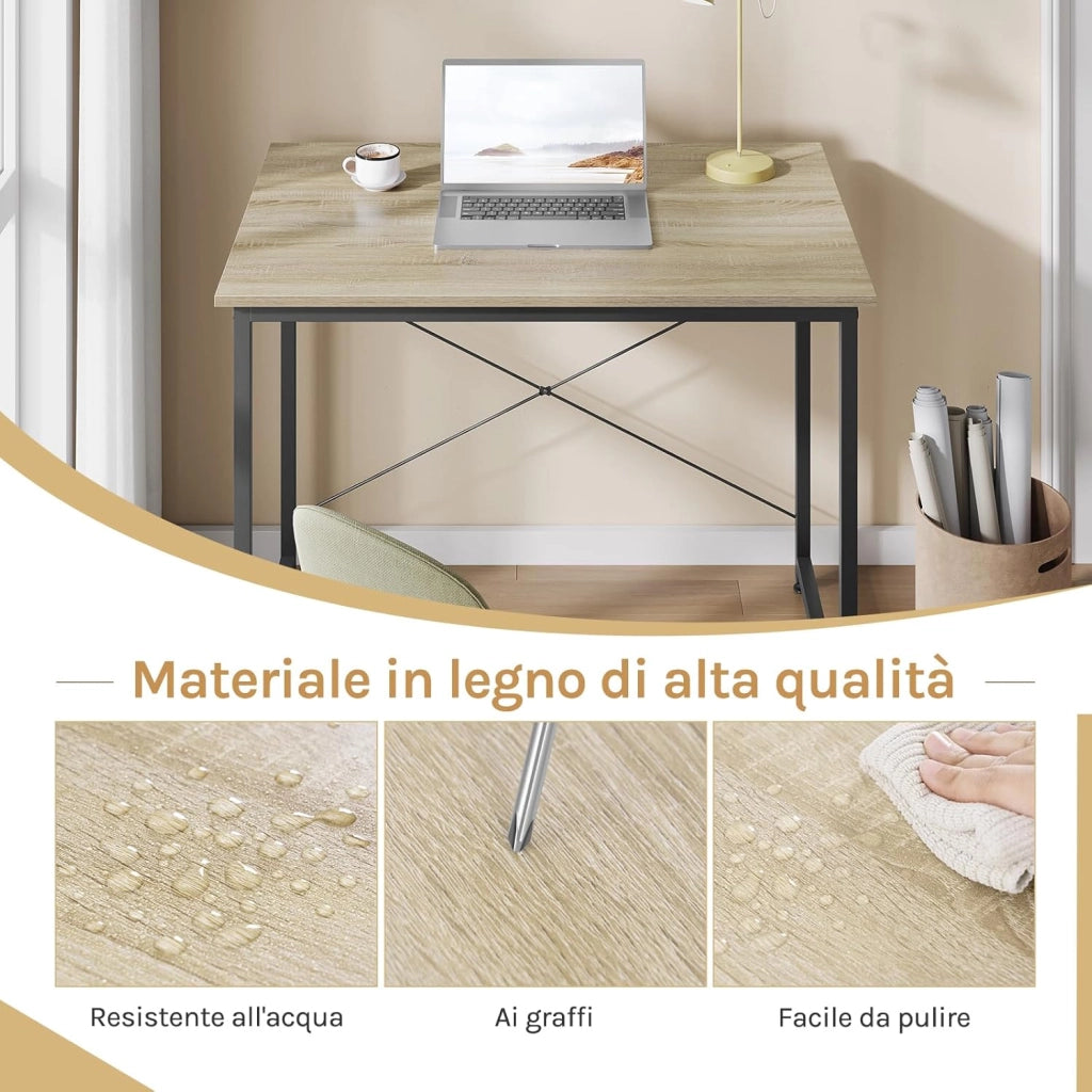 Scrivania Salvaspazio, Tavolo per Computer, Rovere Chiaro + Bianco per Studio, Home Office, Camera da Letto, in Legno e Metallo, 80x60x70 cm