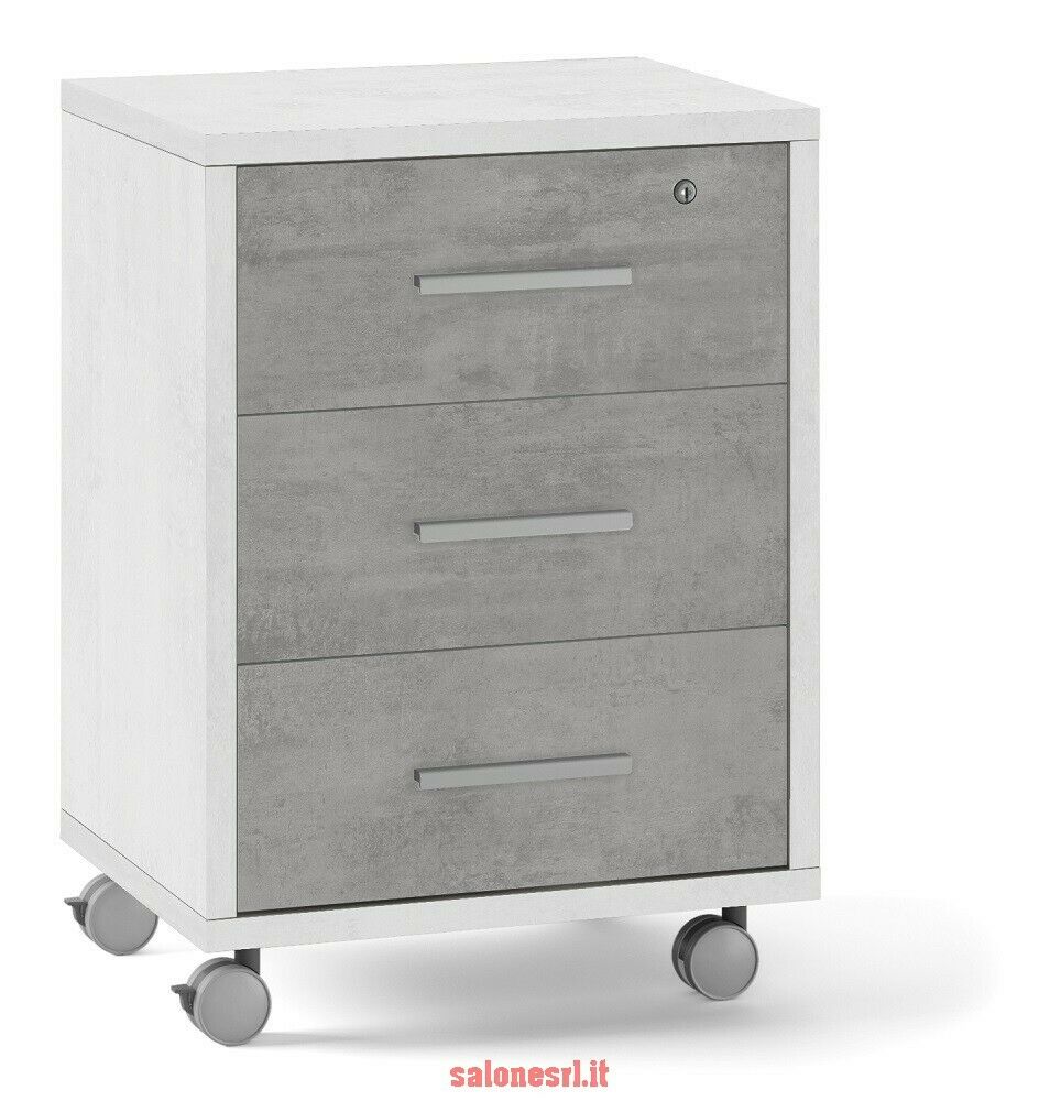 MOBILE CASSETTIERA 3 CASSETTI SU RUOTE H71 L51 P41 Cm STRUTTURA BIANCO FRONTALE CEMENTO SARMOG Db733