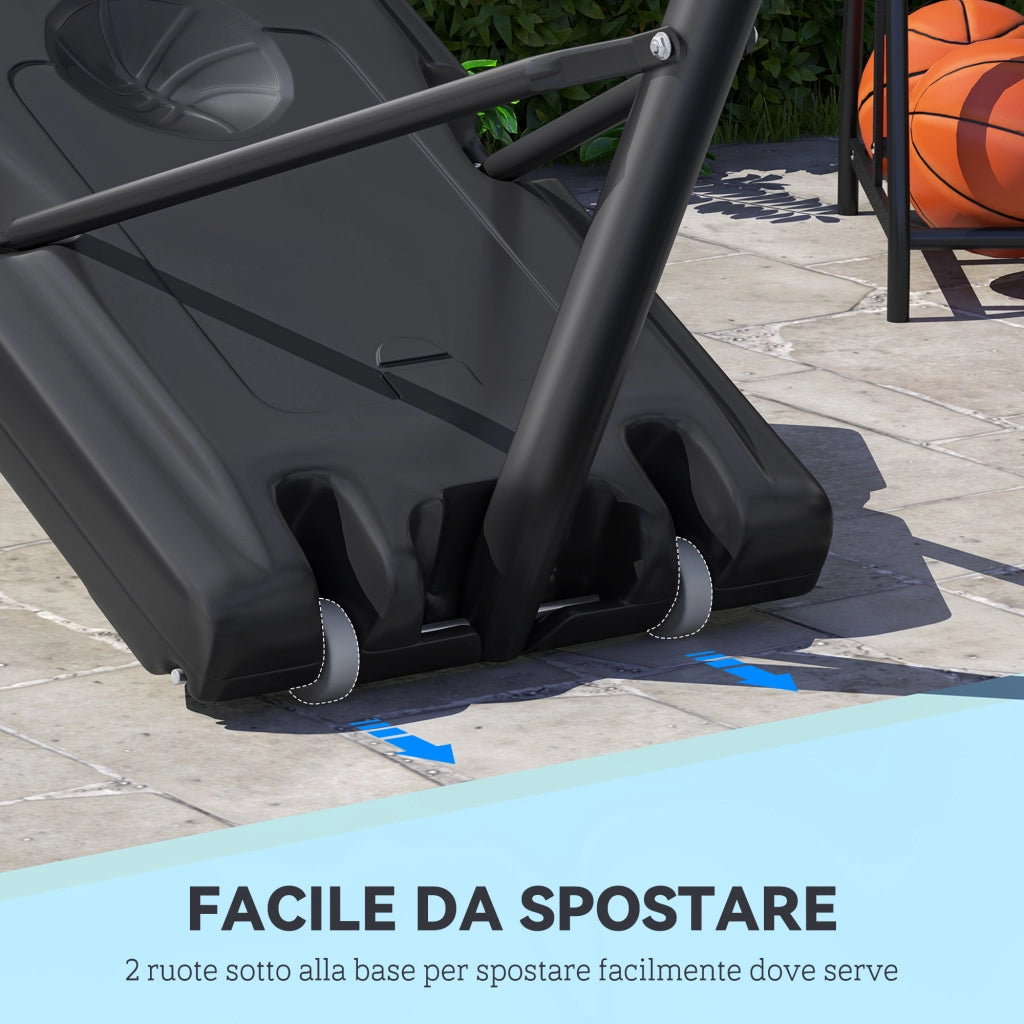 Canestro Basket Altezza Regolabile 160-305cm, Base con Ruote e Struttura in Acciaio, Tabellone in PVC Trasparente