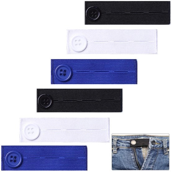 Elastici per allungamento cintura, 6 pezzi, allungatori cintura regolabili, allungatori cintura con chiusura per pantaloni, jeans, confezione da 6 pezzi in 3 colori