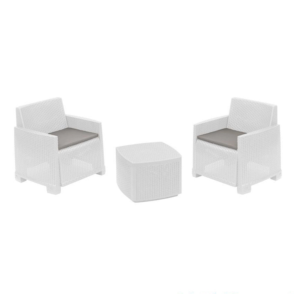 Trade Shop - Set Salotto Esterno Con 2 Poltrone Tavolino Contenitore Effetto Rattan Cuscini Giardino - Bianco