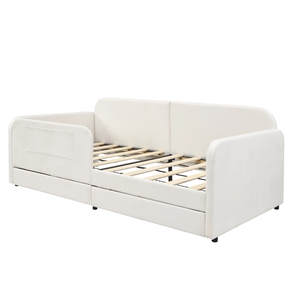 Letto a Divanetto 90x200 cm; Letto Singolo - 2 Cassetti e 3 Tasche - Velluto Bianco