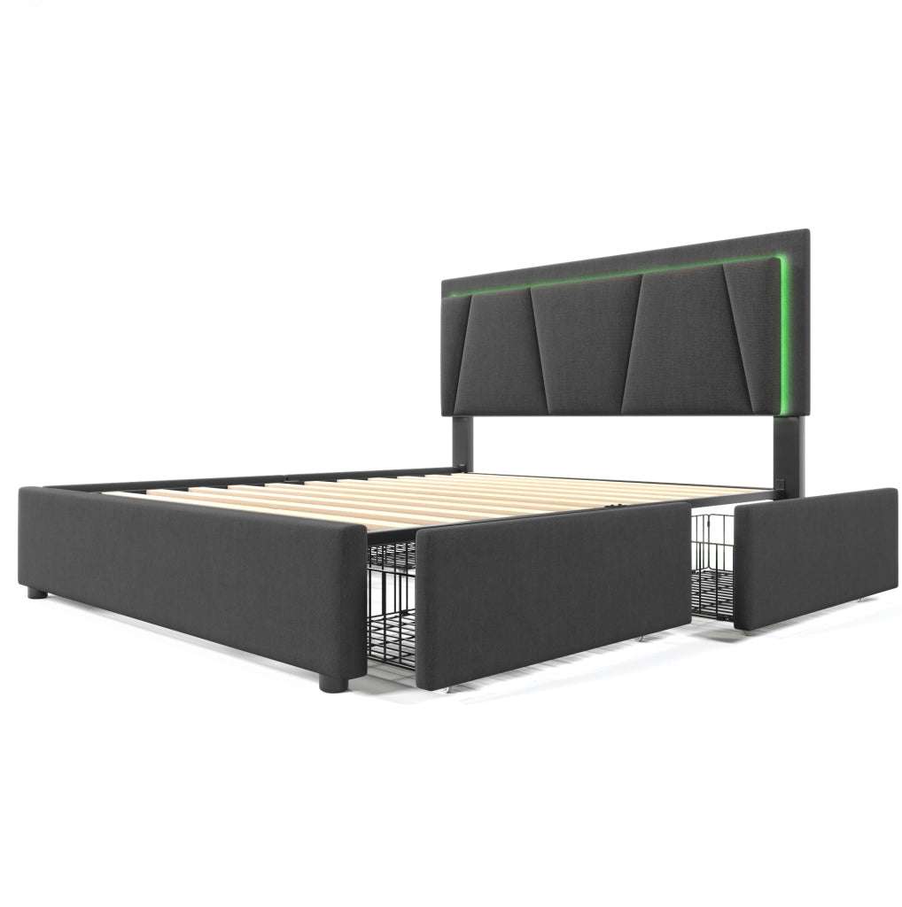 Letto 160x200 cm con testiera regolabile; LED e 4 cassetti in legno grigio
