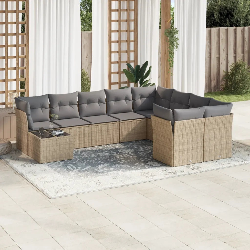 Set Divano da Giardino 10 pz con Cuscini Beige in Polyrattan