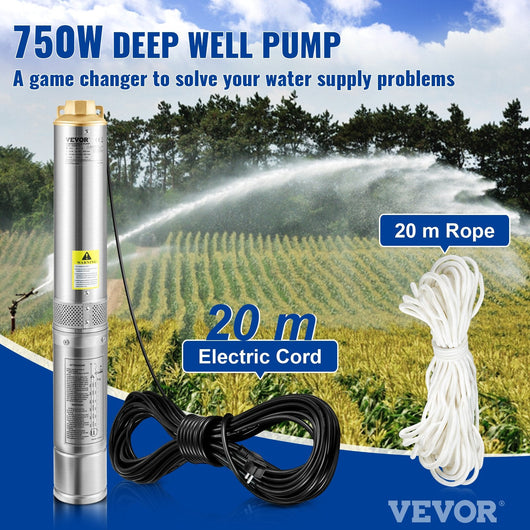 Pompa d'Acqua Sommergibile 750W Flusso 105L/min per Piscina Giardino Orto in Acciaio Inox, Pompa Sommersa per Pozzi Profondi 230V Prevalenza Max. 62m, Pompa Sommersa per Pozzo Piscina con Cavi